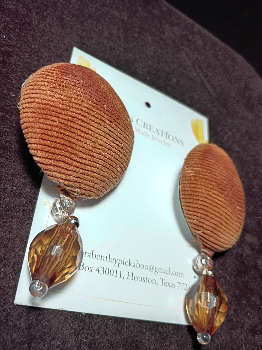 Brown Velvet Button Drop Earrings with Amber Crystal Beads